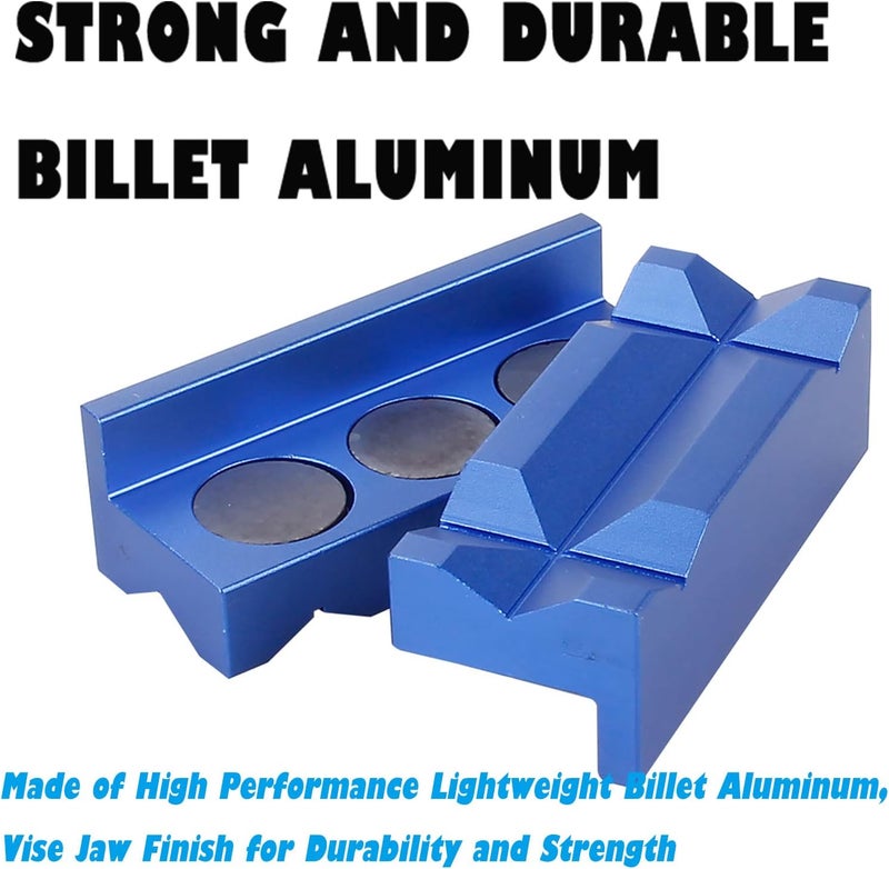 BARTOO Aluminum 4" Vise Jaws Pads, Magnetic Reversible Pipe Vise, AN Fitting Vice Jaw Covers, Professional Grade Multi-Purpose Vise Jaw Protective Inserts for Any Metal Bench Vice (4", Blue) - Image 2